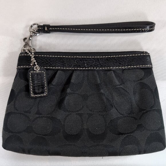 Coach Black Signature Monogram Wristlet Wallet Purse Bag Wrist Strap Canvas - Picture 1 of 14